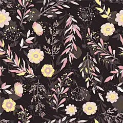 无缝矢量模式与手绘花，叶和分支孤立在黑色背景。花艺设计模板印刷，织物，邀请，小册子，卡片，墙纸，封面