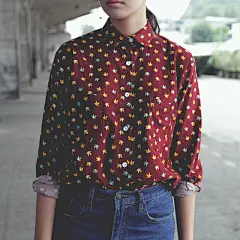 vintage复古文艺灯芯绒长袖前短后长小鸟图案衬衫女