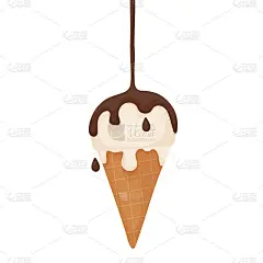 冰淇淋平面矢量插图卡通风格。一种装在华夫蛋筒里的正在融化的冰淇淋。巧克力糖浆倒在上面。最喜欢的美味甜