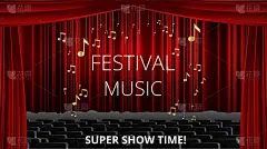 音乐节夜场演出海报，电影院和剧院大厅配有天鹅绒窗帘的座位。闪亮的灯泡和豪华的传单，发光的聚光灯