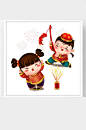 春节牛年新年卡通插画二福娃捂耳朵放鞭炮-众图网