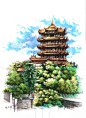 建筑马克笔手绘临摹案例 : 蓝色系：天空、水面、玻璃等；\x0a绿色系：树木、草地等；\x0a灰色系：道路、地面、体块、树木、建筑细节等；\x0a棕红色系：建筑、环境、特殊材质等；\x0a深灰色对表现明暗阴影、空间感作用较大；\x0a鲜艳色彩画一些人物等小面积点缀比较好。