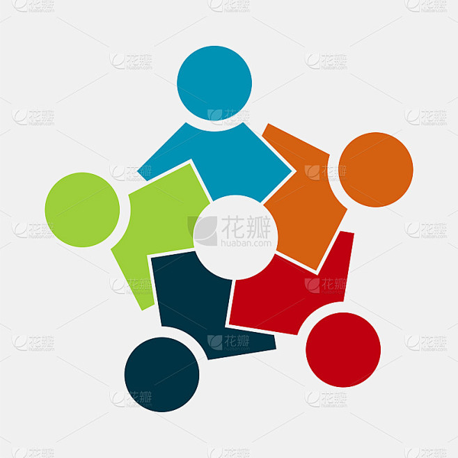 五个人围成一圈。团队会议。人们在房间里开会。强大的合力。