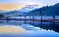 General 1920x1200 nature landscape mist lake sunrise forest mountains snowy peak blue water reflection Italy