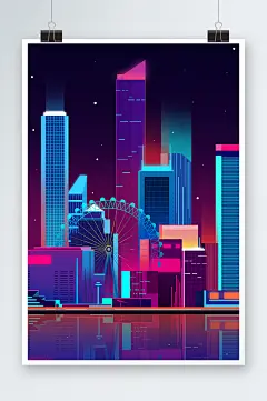 夜景科技城市风光未来扁平风插画