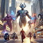 an image of some superheros in the middle of a street with cars and buildings
