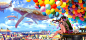 Anime 2730x1280 anime anime girls aircraft barefoot bubbles cat city clouds headphones long hair skirt colorful sky balloon fantasy art whale