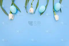 春天,复活节彩蛋,蓝色背景,贺卡,留白,复活节,水平画幅,平视角,俄罗斯,花束