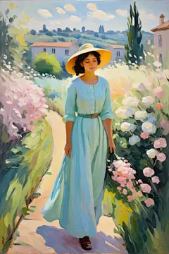 田园女人油画插画图片