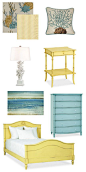 Coastal Bedroom Inspiration: Aqua + Yellow with Coral elements: 