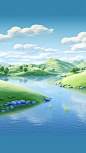green grass over the river, in the style of surreal 3d landscapes, soft and dreamy atmosphere, rendered in cinema4d, cartoonish simplicity, national geographic photo, creative commons attribution, japanese-style landscapes