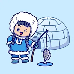 爱斯基摩人女孩钓鱼卡通插画矢量图设计素材