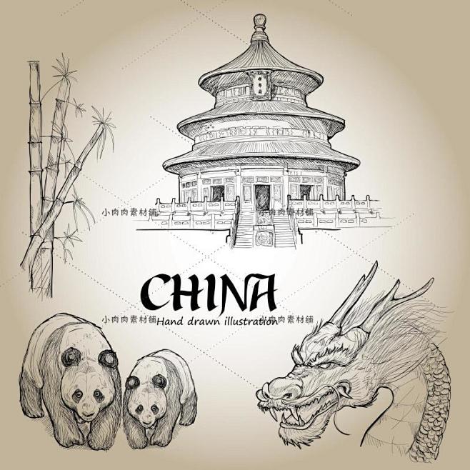 矢量复古手绘线稿中国传统建筑长城故宫天坛...