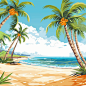 transparent background, a sunny beach with palm trees.