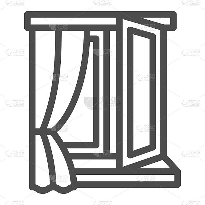 打开窗口和窗帘线图标，室内设计概念，窗口悬垂半开放矢量标志在白色背景上，轮廓风格图标为移动概念和网页
