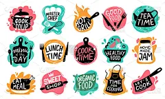 Cooking food lettering. Kitchen badge logos, bakin