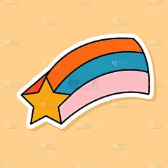 在黄色背景上孤立的向量回溯流星贴纸。70年代风格的卡通人物和彩虹故事