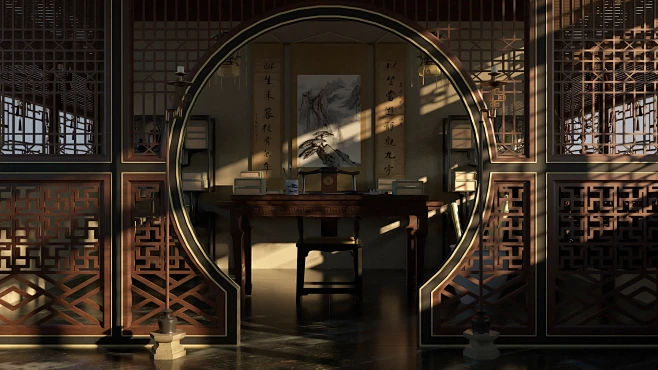 中国古代宫廷建筑模型室内书房部分_世界也在发威作品_场景/空间/建筑_CG模型网-花瓣网