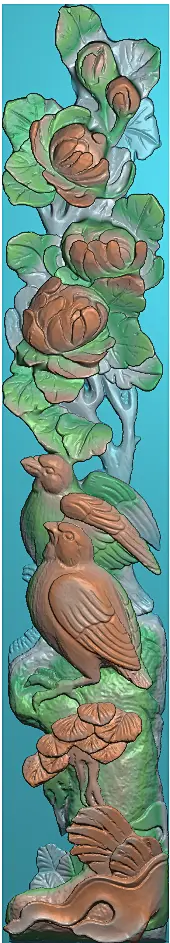 43竖图花鸟牡丹W17  80 精雕图扫描图灰度图古建寺庙砖雕石雕效果