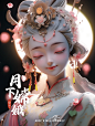 Bust close - up 半身特写

 Mockup 模型

 Beautiful Chinese Beauty fairy under the moon 月亮下的中国仙女

 Adorned in ancient Chinese clothes and jewelry 用中国古代的衣服和珠宝装饰

 Partially transparent material 部分透明材料

 Auspicious clouds, moon, warm colors 祥云，明月，暖色

 Glow，clear o