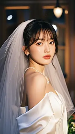 年轻时尚新娘，真人写实，身材诱人，脸上红晕，出汗，满足，可爱调皮，清晰聚焦，顶级相机，可以看到毛孔细节，干燥的皮肤，超现实，皮肤纹路，丰富的细节，柔焦，背景虚化，精致五官，真实光影，16k