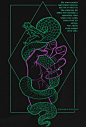 This may contain: a poster with an image of a hand holding a snake
