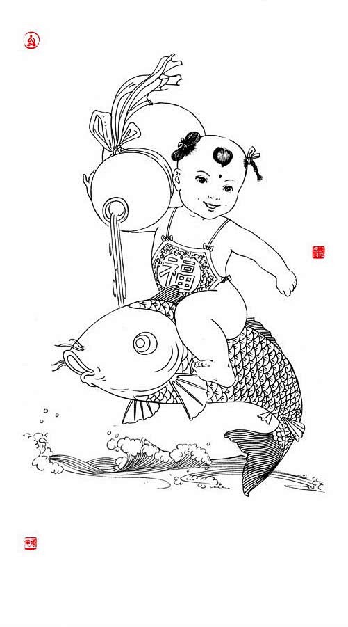 童子白描图-人物|工笔素材|白描素材|工...