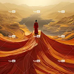 一条通往远方的山路，铺着金色，中间站着一个身穿红色服的男子。