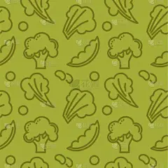 西兰花枝, 莴苣叶和小豆子的质地。素食全天然维生素在无缝模式下的孤立轮廓黑白矢量插图白色背景.