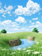 3d grass landscape background picture, in the style of li wei, light brown and light azure, nature-based patterns, sky-blue and green, landscape-focused, naturalistic motifs