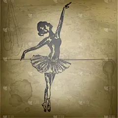 在旧纸上画芭蕾舞墨水。