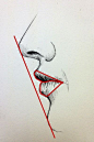 Drawing of a mouth - side view - draw a straight line to see the angle/slant nose to chin; also look for negative space to get the form of the mouth.: 