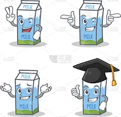 一套牛奶盒字符与两个手指眨眼毕业矢量插图