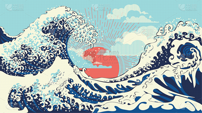非凡的,波浪,式样,海啸,亚洲,自然,概念,海洋,传统节日,复古