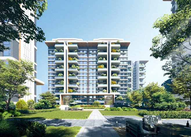 现代小区建筑 四代住宅 板式洋房 效果图欣赏_【知末效果图】-花瓣网