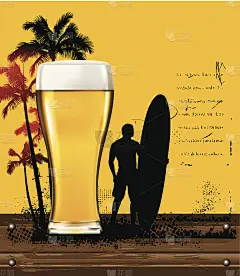黄金啤酒海报与夏天的场景和冲浪者