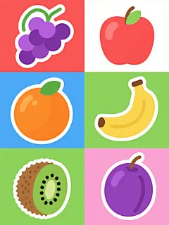 一组6个完全不同水果的卡通风格插画，保持统一的扁平化设计风格，每个水果都有简洁的轮廓线条、明亮饱满的纯色填充和细微的渐变过渡，水果形态卡通化，边缘圆润，高光区域呈椭圆形且位置统一，阴影为同色系深色小圆点。画面整体色彩变换为6种不同的明快纯色背景（如红色、蓝色、绿色、橙色、紫色、粉色），每个水果对应一种背景色。水果元素包括一串葡萄（紫色果实配绿色藤蔓）、一个完整的苹果（红色带绿色叶子）、一根黄色香蕉（带棕色顶端）、一个橙色橙子（带凹陷纹理）、一串绿色猕猴桃（带棕色绒毛质感）、一个紫色李子（带短果柄）。所有水