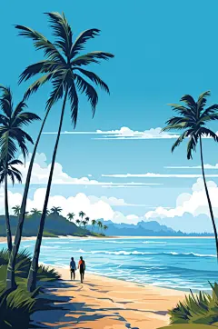 AI数字艺术扁平风夏季海边旅行人物插画