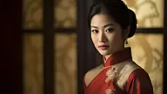 (3/4)一个穿着红裙子的中国女孩坐在一个房间里，以永恒的美感风格展现，面部特征细致入微，灯光柔和，犹如国家地理杂志的照片，画面统一而有条理，带有古典元素，背景虚化(AI绘图来自WeDraw.art)