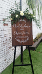 Wedding welcome custom sign on stained plywood // Bee Curious Designs: 