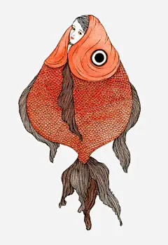 锦鲤中的女孩免抠素材_新图网 https://ixintu.com 中国风 手绘 插画 金鱼