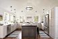 Example of a country u-shaped medium tone wood floor and brown floor kitchen design in New York with a farmhouse sink, shaker cabinets, gray cabinets, wood countertops, white backsplash, subway tile backsplash, stainless steel appliances and an island