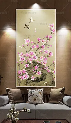 玉兰工笔花鸟新中式玄关背景墙装饰画