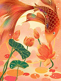 手绘国潮中国风锦鲤跃龙门插画海报