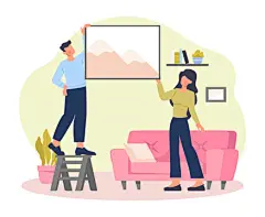 图源免费EPS文件 |夫妻挂画抽象概念。幸福的夫妻用漂亮的相框装饰公寓的墙壁。营造舒适的家居氛围。卡通现代扁平风矢量插画