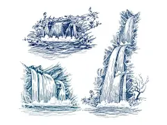 手绘瀑布风景河流  - 源文件下载【酷图网】风景,手绘,自然,河流,瀑布