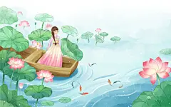 夏天荷花插画手绘夏日荷塘背景水彩池塘莲叶荷叶立夏人物水彩水彩立夏夏天荷花插画