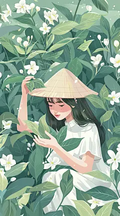 茶园采摘茉莉花茶海报插画