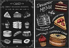蛋糕菜单。手绘烘焙产品。黑板上的甜食。古色古香的甜甜圈雕刻的草图。咖啡店和餐馆横幅的矢量图解.