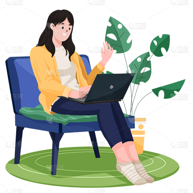 手绘在家办公的女孩职业元素